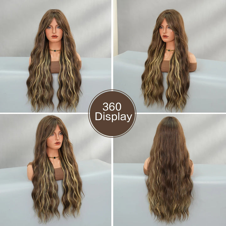 32 Inches Extra Long Honey Blond Middle Parting Wig with Bangs. This synthetic water wave wig is glueless with a natural hairline and matte hair finish.