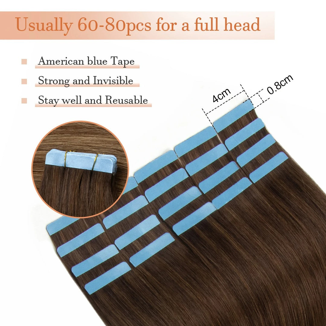 Tape-In Hair Extensions – 100% Remy Human Hair Skin Weft, Natural Seamless Tape-Ins, 12–24 Inch, 40–50g/Pack