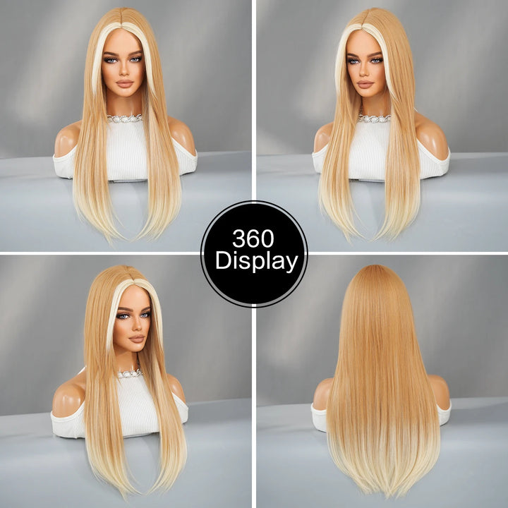 Synthetic hair wig with long straight hair, bangs, middle part, and highlight gray color. Perfect for women, cosplay, and drag queens.