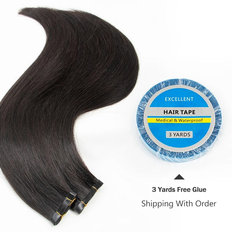 Hair extensions with a container of hair tape on a white background