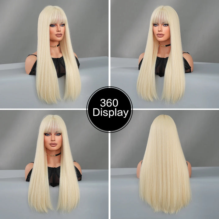 Long Straight Ombre Blonde Synthetic Hair With Bangs for Women Heat Resistant Fiber Wig Hot Selling 28 Inch.
