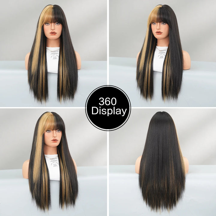 Orange Blonde Long Straight Wig with Bangs Synthetic Cruella De Vil Costume Hair Wig for Women Cosplay Anime Party Halloween.