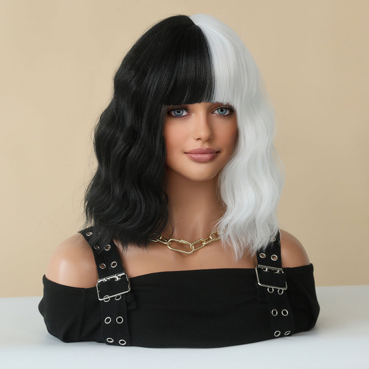 Black and white Cruella Deville wig for women's costume. Short curly wavy synthetic wig for parties and cosplay.