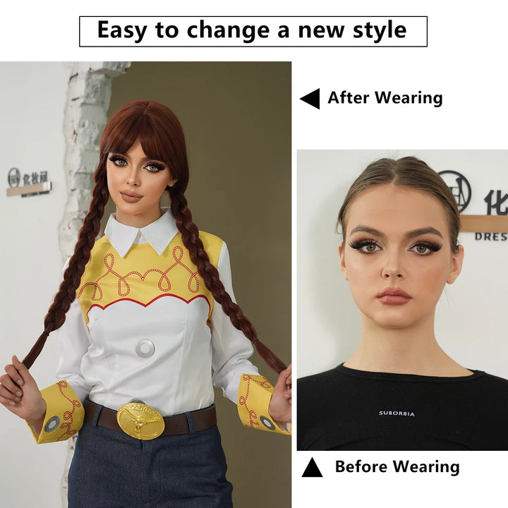 Red and black costume wig with pigtail braids, perfect for cosplay, Halloween, or drag queen looks inspired by the Crazy Bride character from Suicide Squad. Made with synthetic hair.