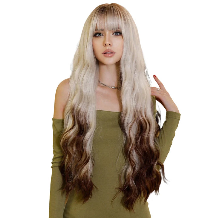 Ombre White Wig Long Wavy Wigs with Bangs for Women Long Platinum Blonde Wig Natural Looking Synthetic Heat Resistant Hair