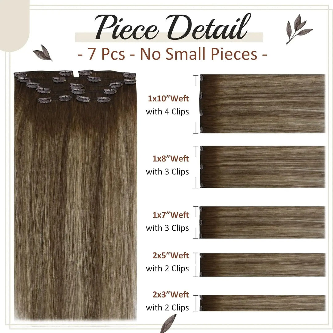 100% Human Hair Clip-In Extensions – Double Weft, 7PCS Set, 105g, for Women