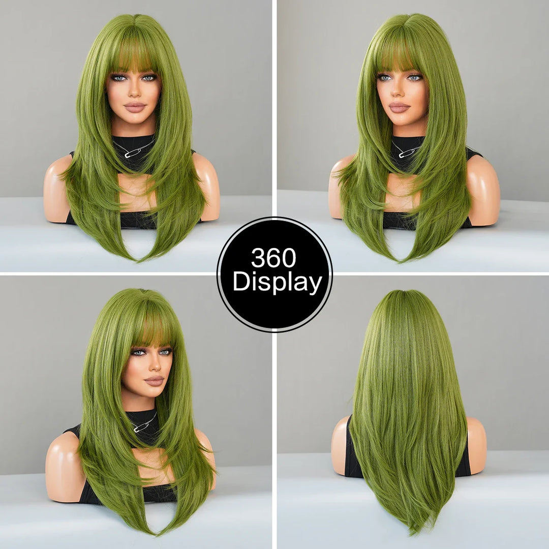 26" Long Wavy Red Layered Wig with Bangs, Synthetic Heat Resistant Hair for Daily Use.