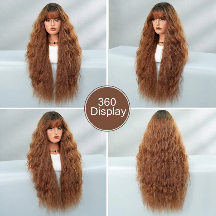 Ombre Brown Water Wavy Wig with Bang for Woman 32 Inch Synthetic Glueless Wig Natural Matte Hair