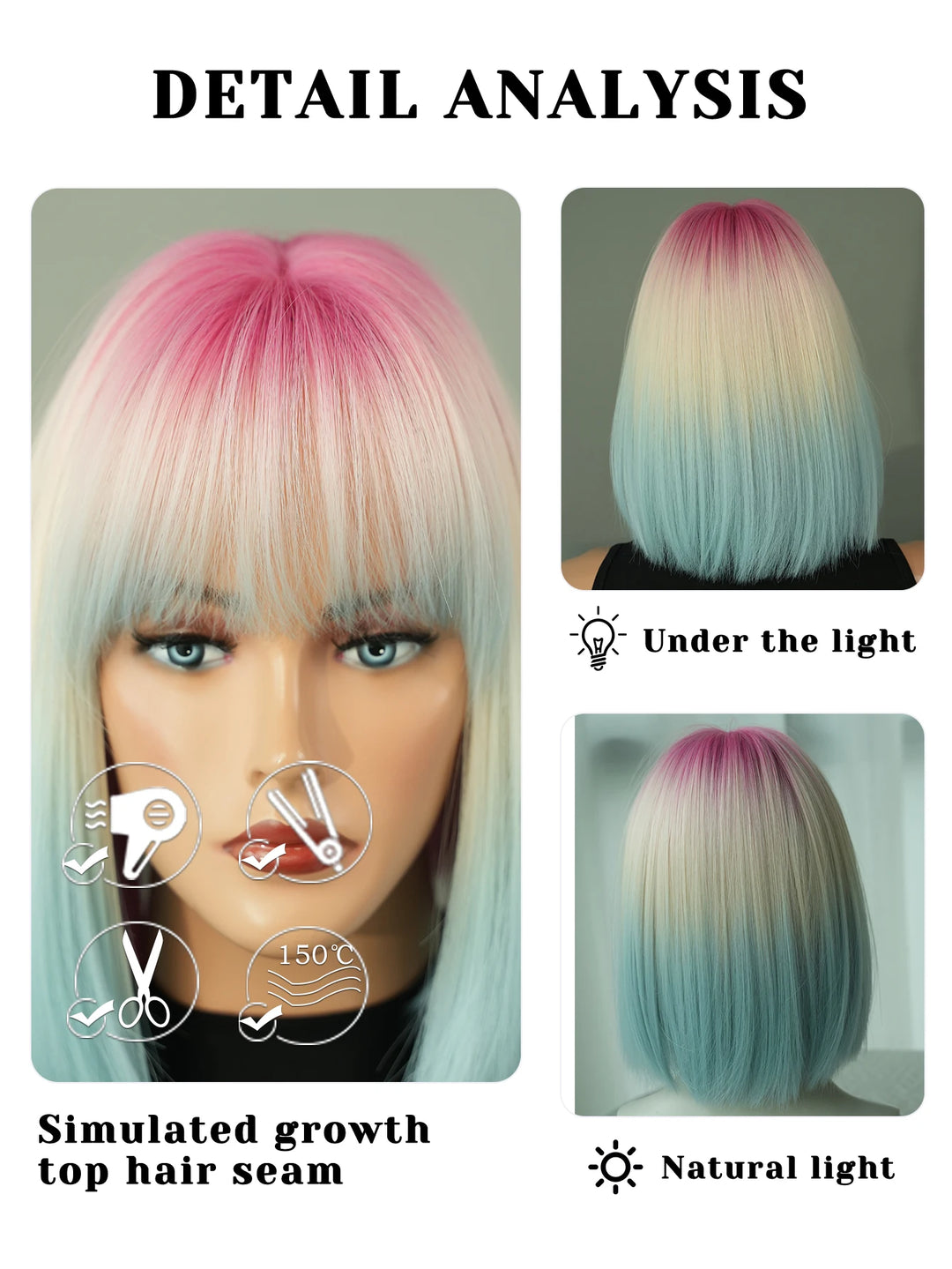 Ombre colored bob wig with bangs, perfect for cosplay or everyday wear.