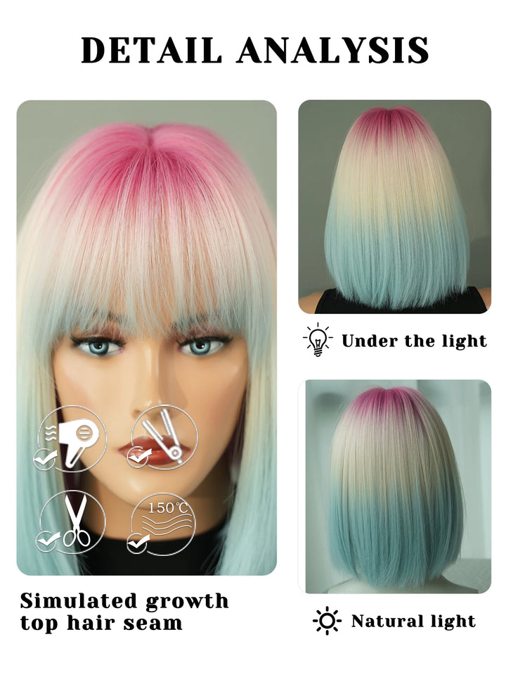 Ombre colored bob wig with bangs, perfect for cosplay or everyday wear.