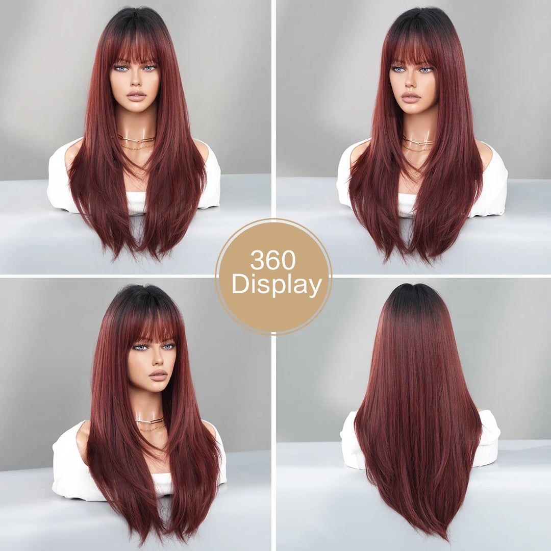 26" Long Wavy Red Layered Wig with Bangs, Synthetic Heat Resistant Hair for Daily Use.