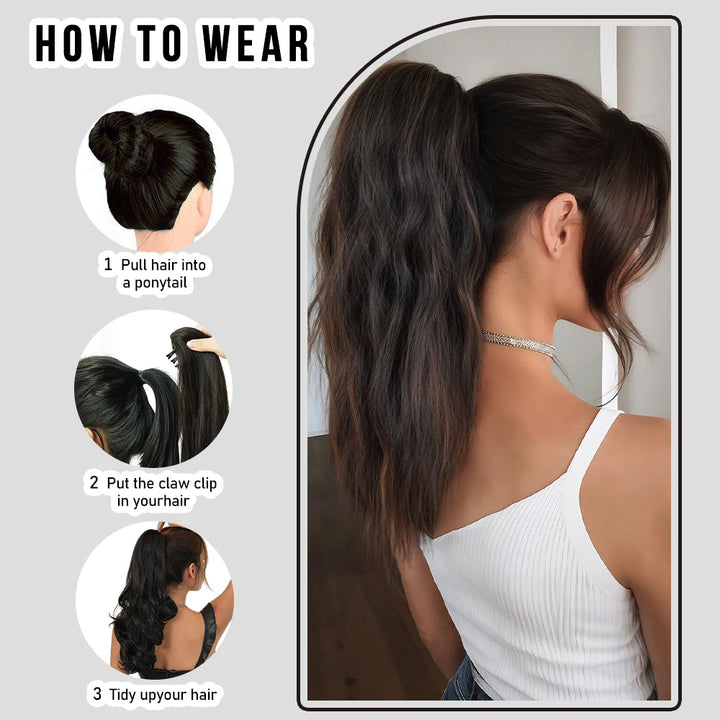 18 Inch Women's Lilac Highlight Natural Wave Drawstring Adjustable Size Black Synthetic Hair Beige Clip Portable Easy Ponytail