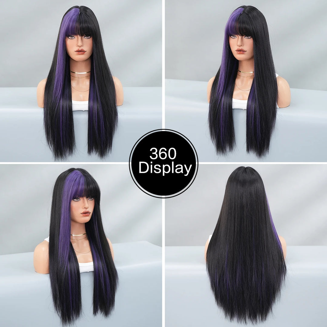 Orange Blonde Long Straight Wig with Bangs Synthetic Cruella De Vil Costume Hair Wig for Women Cosplay Anime Party Halloween.