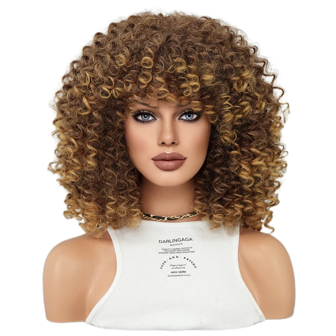 18" Curly Afro Wig with Bangs for Black Women. Kinky curly synthetic wig in ombre brown blonde.