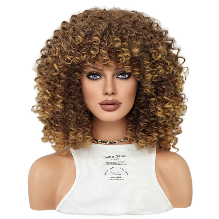 18" Curly Afro Wig with Bangs for Black Women. Kinky curly synthetic wig in ombre brown blonde.