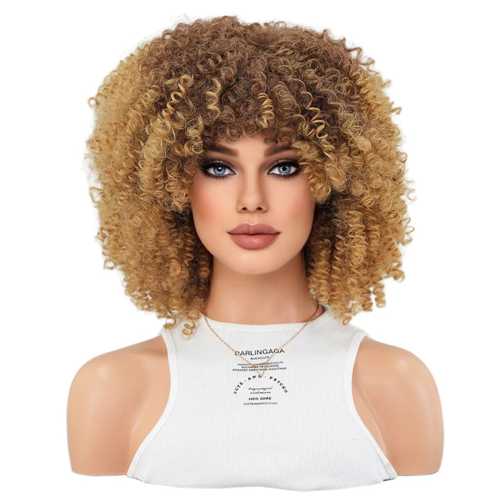 16" Curly Afro Wig with Bangs for Black Women. Kinky curly synthetic wig in ombre brown blonde.