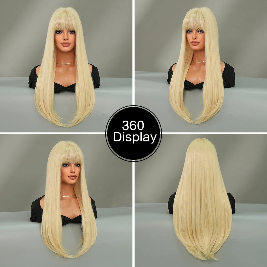 High-quality long straight blonde synthetic hair with bangs for women. Heat-resistant fiber wig, hot selling 28 inches.