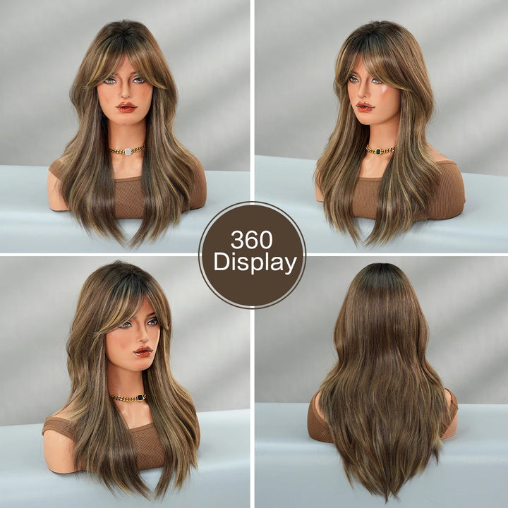 16-Inch Highlight Brown Wig with Middle Bangs, High-Temperature Resistant Synthetic Matte Hair, Natural Fashion #