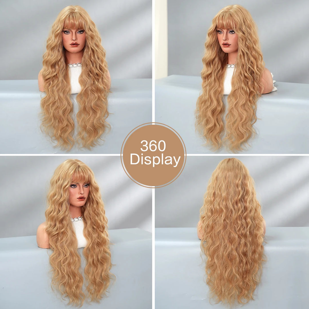 Extra Long Blonde Water Wavy Wig with Bang for Women - 32 Inch Synthetic Glueless Wig with Natural Matte Hair