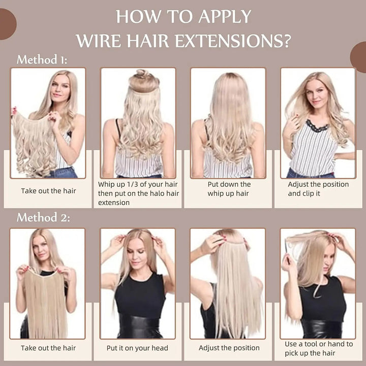 Step-by-step guide on how to apply wire hair extensions with images of a woman demonstrating each step.