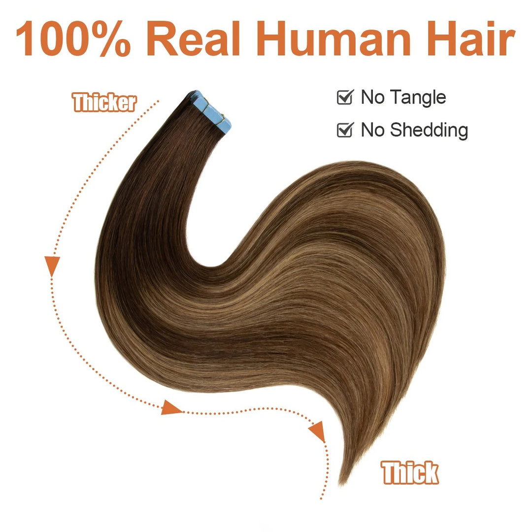 Tape-In Hair Extensions – 100% Remy Human Hair Skin Weft, Natural Seamless Tape-Ins, 12–24 Inch, 40–50g/Pack