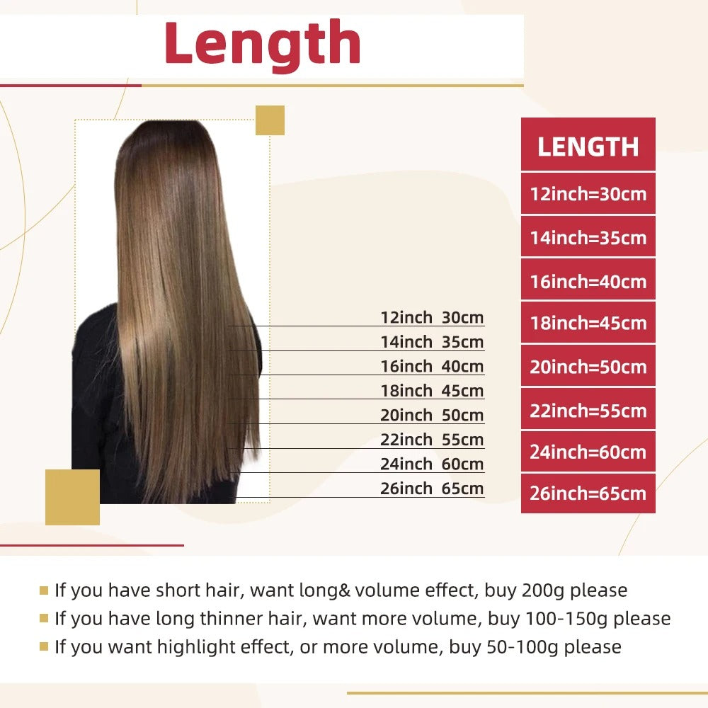 Hair extension length chart with a model displaying hair length in inches and centimeters.