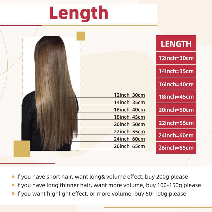 Hair extension length chart with a model displaying hair length in inches and centimeters.