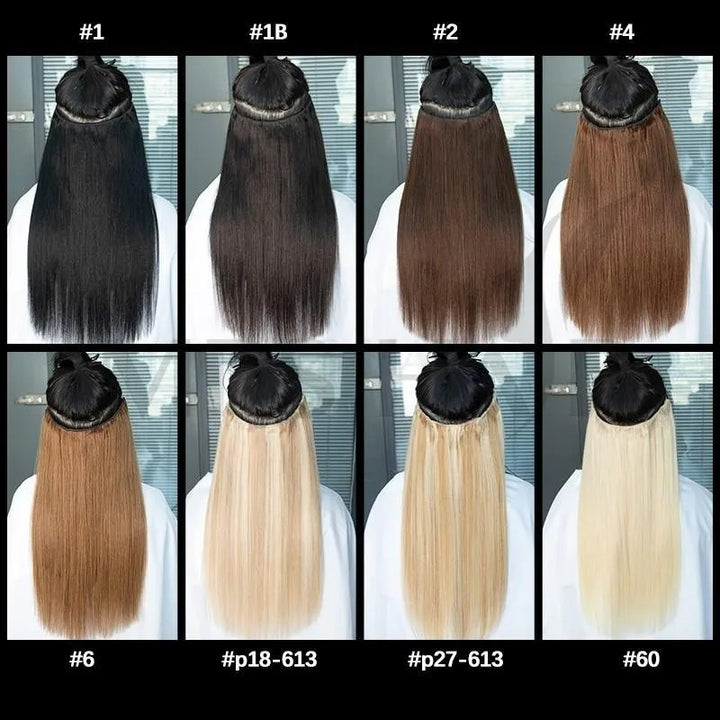 Fish Line Wire Hair Extensions - Invisible Clip-in Human Hair Extensions with 4 Clips. Made from real natural hair, available in lengths of 12-24 inches.