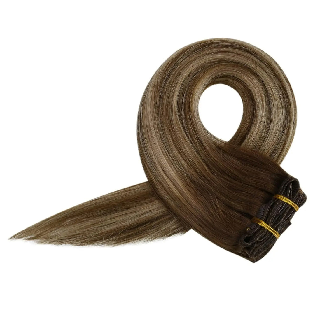 100% Human Hair Clip-In Extensions – Double Weft, 7PCS Set, 105g, for Women