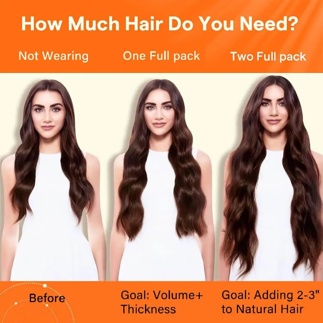 Comparison of hair volume and thickness with text on how much hair is needed.