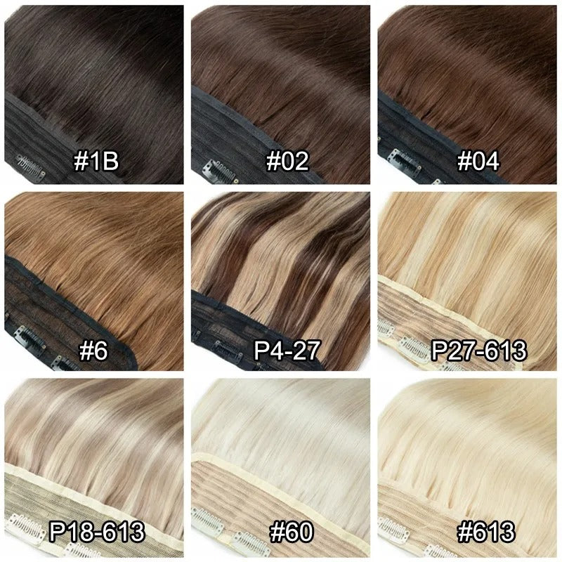 Color swatches of hair extensions with labeled colors.