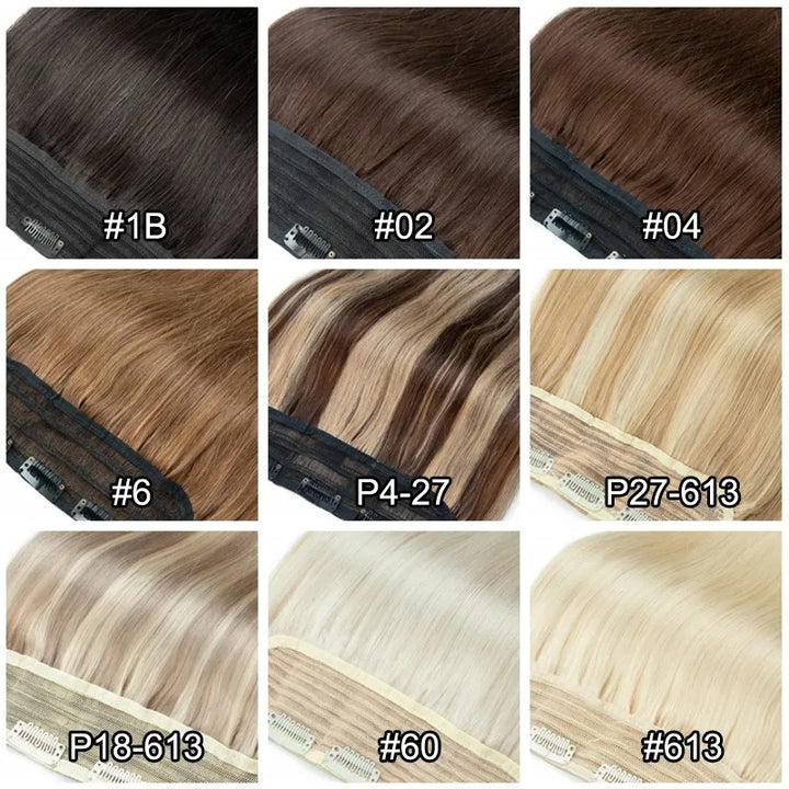 Color swatches of hair extensions with labeled colors.