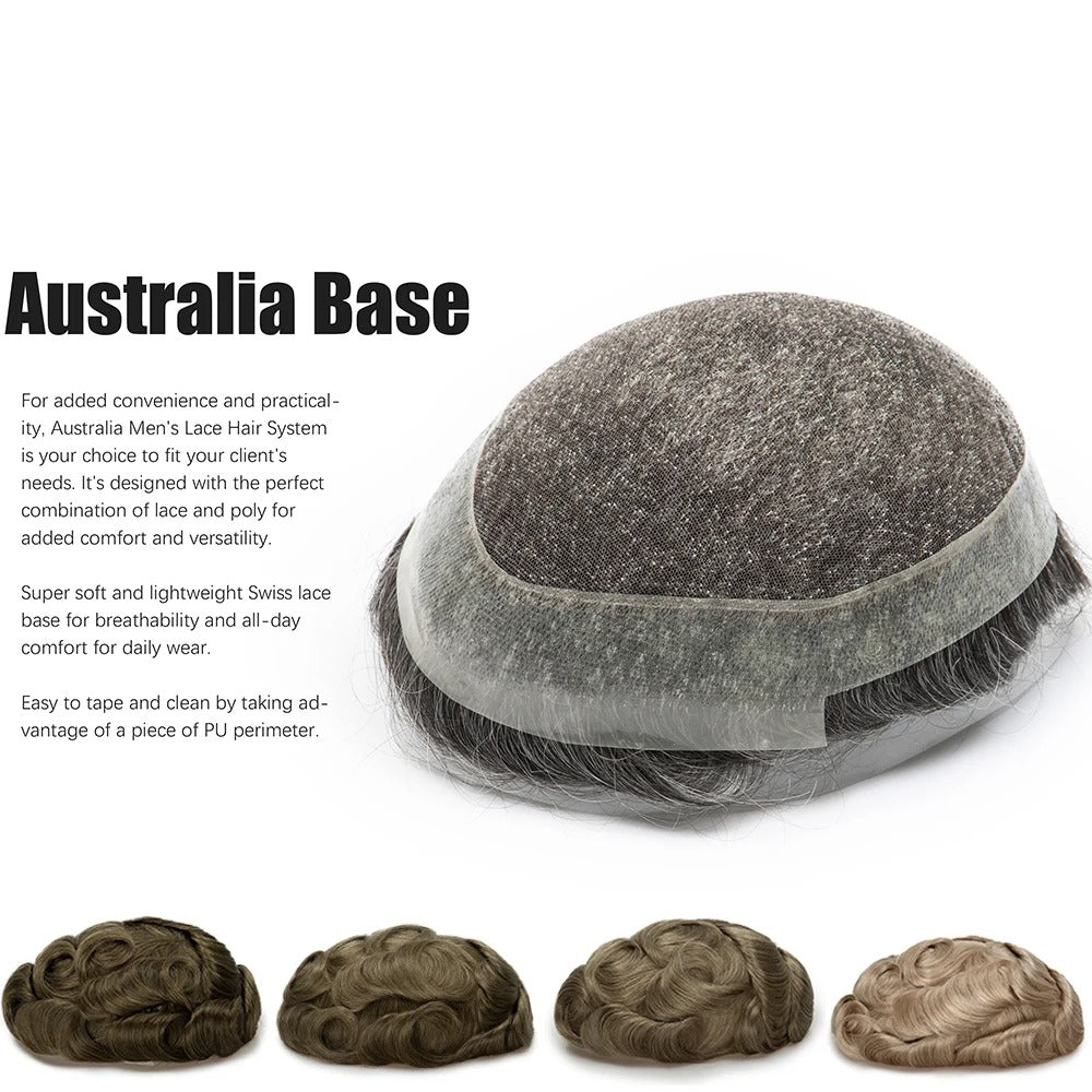 Australia Base Swiss Lace Human Hair Men Toupee Natural Hairline Skin PU & Lace Men's Capillary Prosthesis Male Wig Hair System