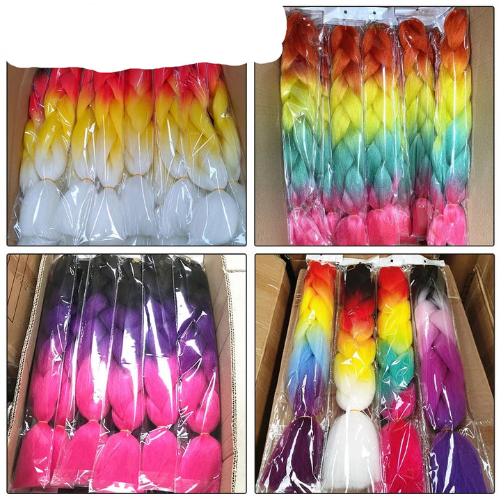 Collage of colorful hair extensions in packaging with  branding.