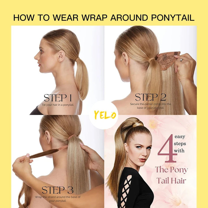 Step-by-step guide on how to wrap hair around a ponytail with text and images.