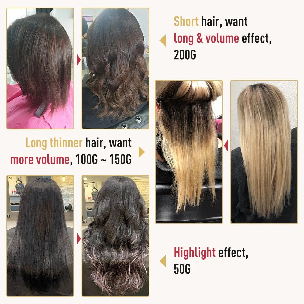 Comparison of different hair extensions with text indicating weight and effect.