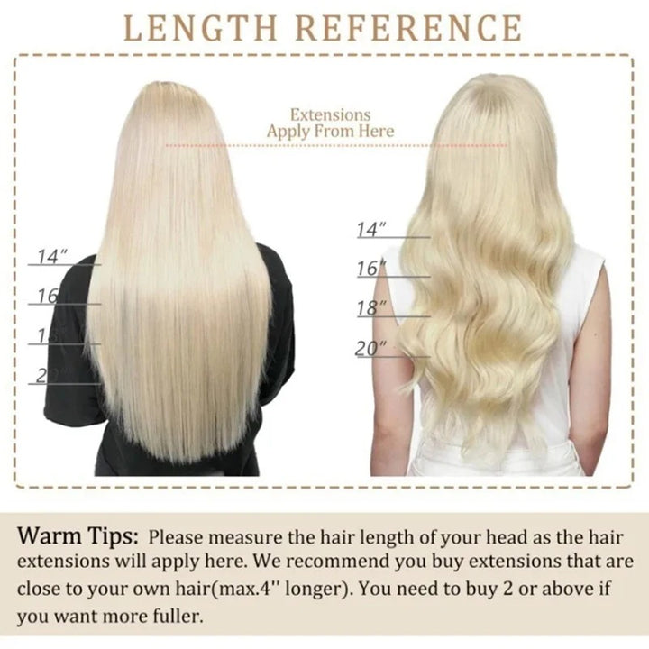 Invisible Wire Line Clip-in Human Hair Extensions - One Piece Straight Blonde Natural Hair Extensions in lengths 12" to 24" with Fish Line and 4 Clips.