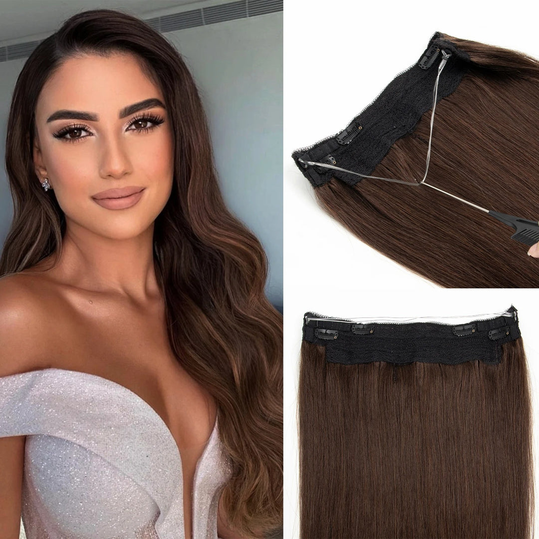 Invisible Wire Line Clip-in Human Hair Extensions - One Piece Straight Blonde Natural Hair Extensions in lengths 12" to 24" with Fish Line and 4 Clips.