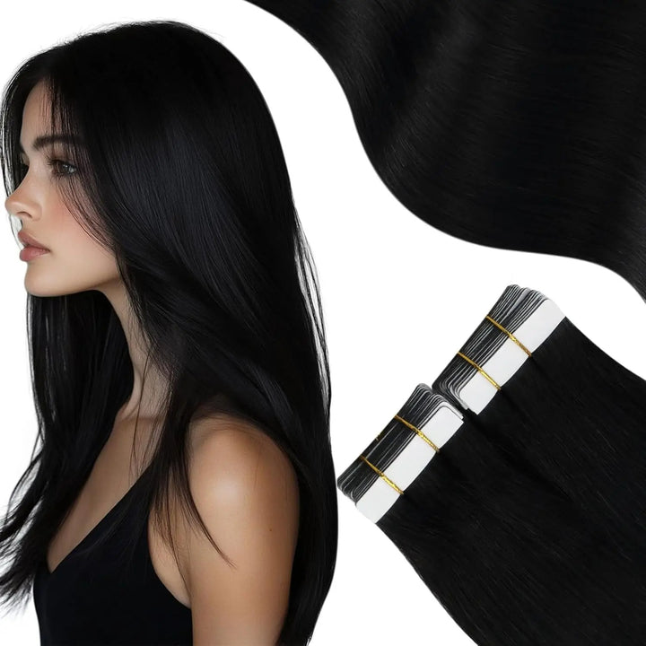 Woman with long black hair next to hair extensions on a white background