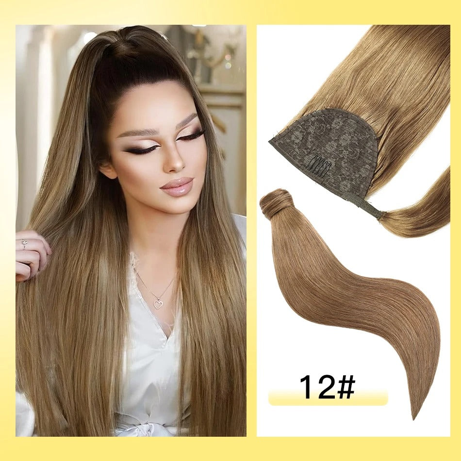 Woman with long hair and hair extensions labeled '12#' on a yellow background