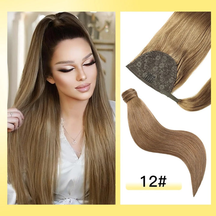 Woman with long hair and hair extensions labeled '12#' on a yellow background