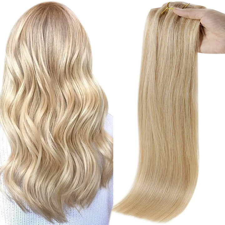 Blonde hair extensions shown in two styles on a white background