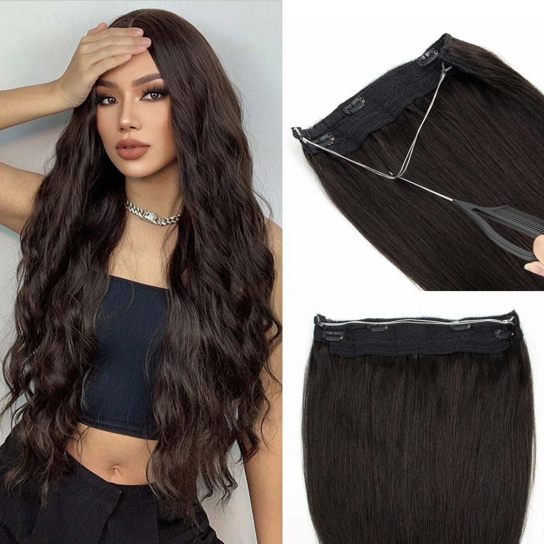 Invisible Wire Line Clip-in Human Hair Extensions - One Piece Straight Blonde Natural Hair Extensions in lengths 12" to 24" with Fish Line and 4 Clips.