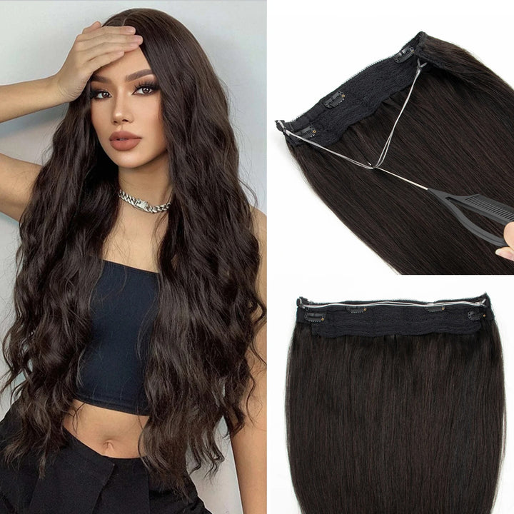 Invisible Wire Line Clip-in Human Hair Extensions - One Piece Straight Blonde Natural Hair Extensions in lengths 12" to 24" with Fish Line and 4 Clips.