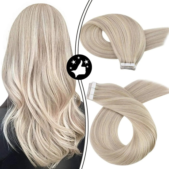 Tape-In Human Hair Extensions – Remy 100% Real Human Hair, Silky Straight, Ash Blonde with Highlights – Seamless, Natural Look, 20pcs
