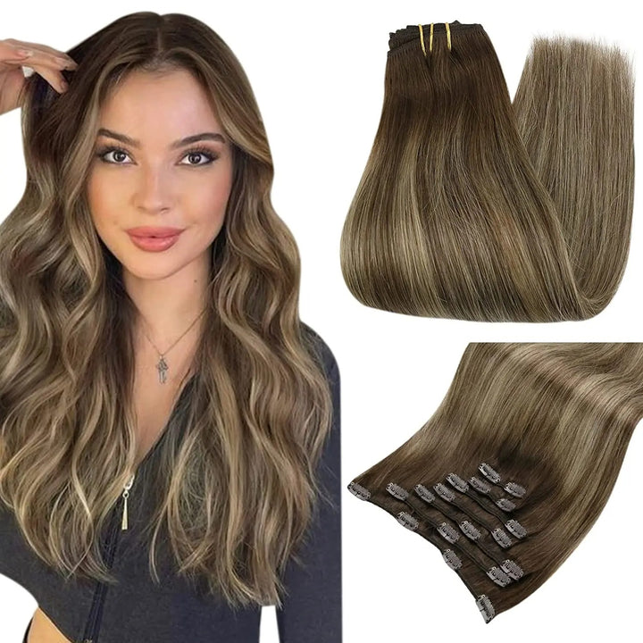 100% Human Hair Clip-In Extensions – Double Weft, 7PCS Set, 105g, for Women