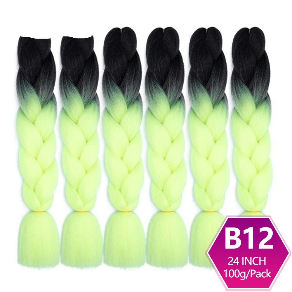 Six braided hair extensions with black to green gradient 