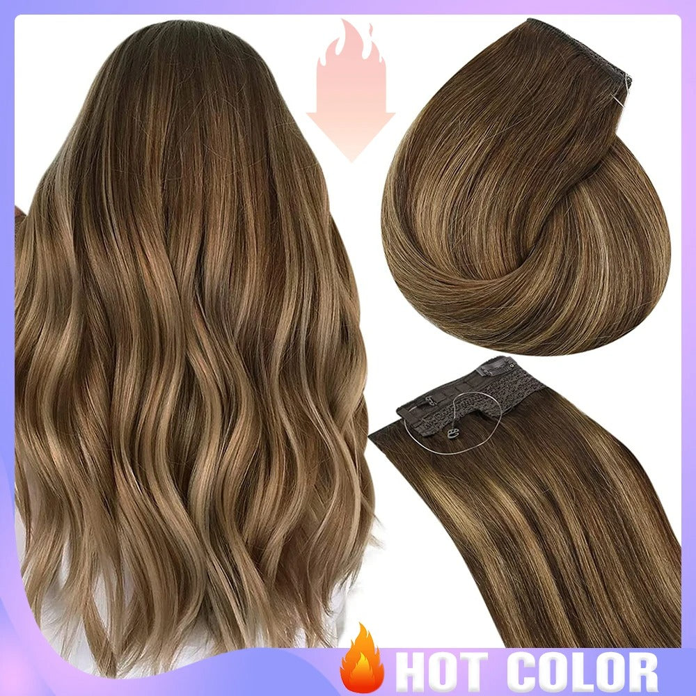 Invisible Fish Line Hair Extensions – One Piece Remy Human Hair with Clips | Blonde, Black, Gray
