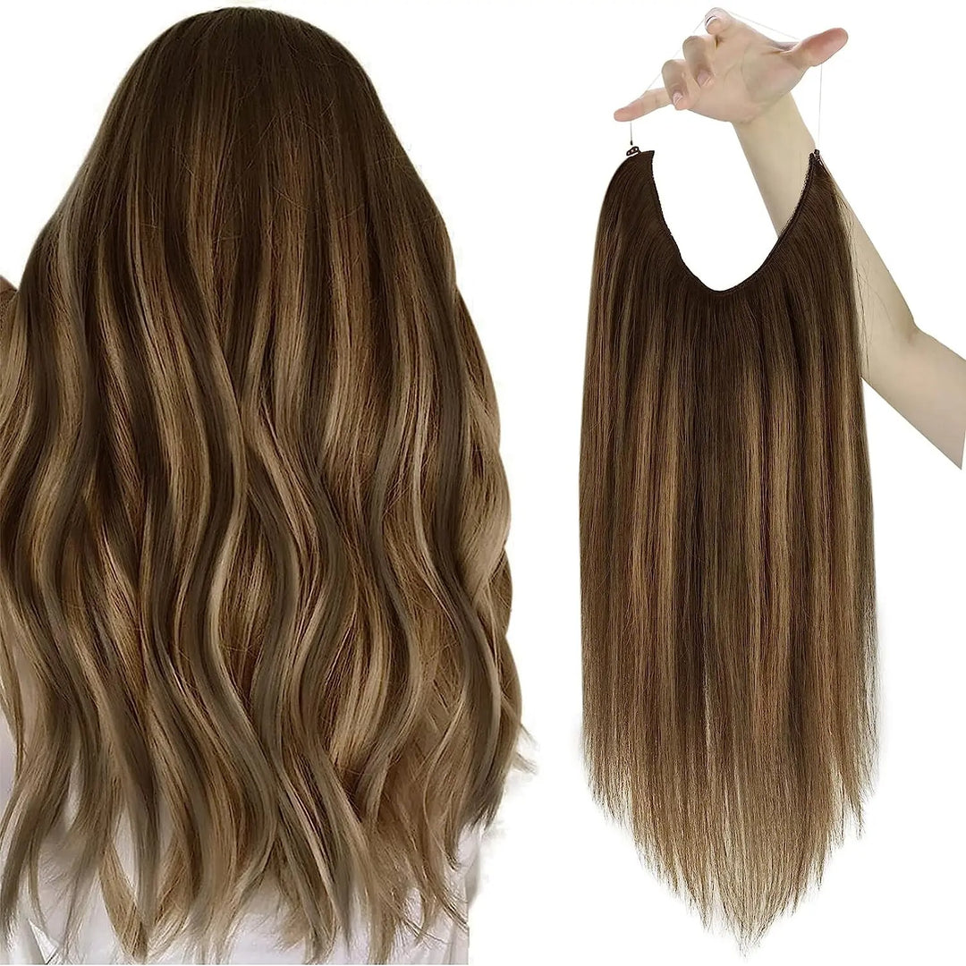Invisible Fish Line Human Hair Extension – Natural One-Piece Wire Hair Weft with 2 Clips | Machine-Made Blonde Hair