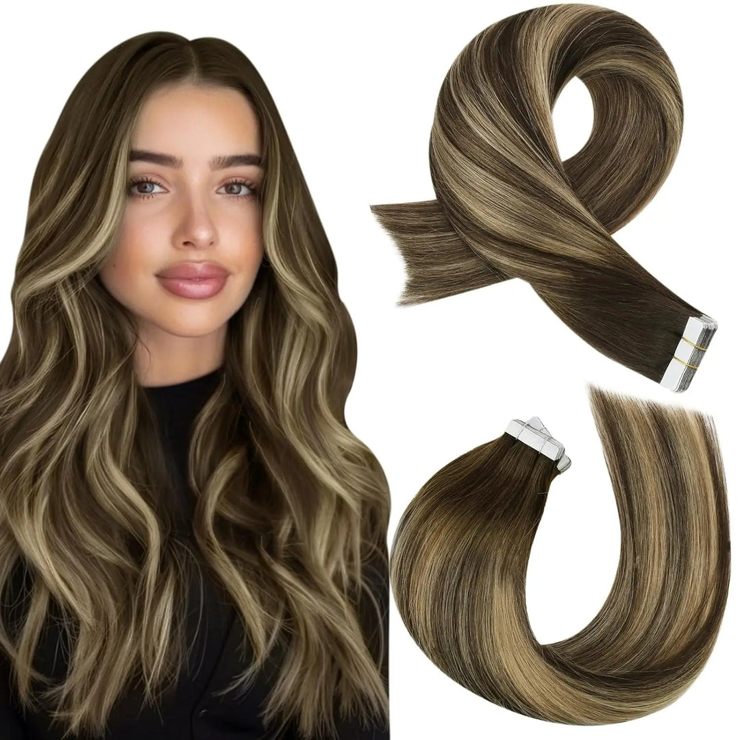 Tape-In Human Hair Extensions – Remy Hair, Straight, Natural Soft Skin Weft, Seamless & Reusable Tape-In Hair